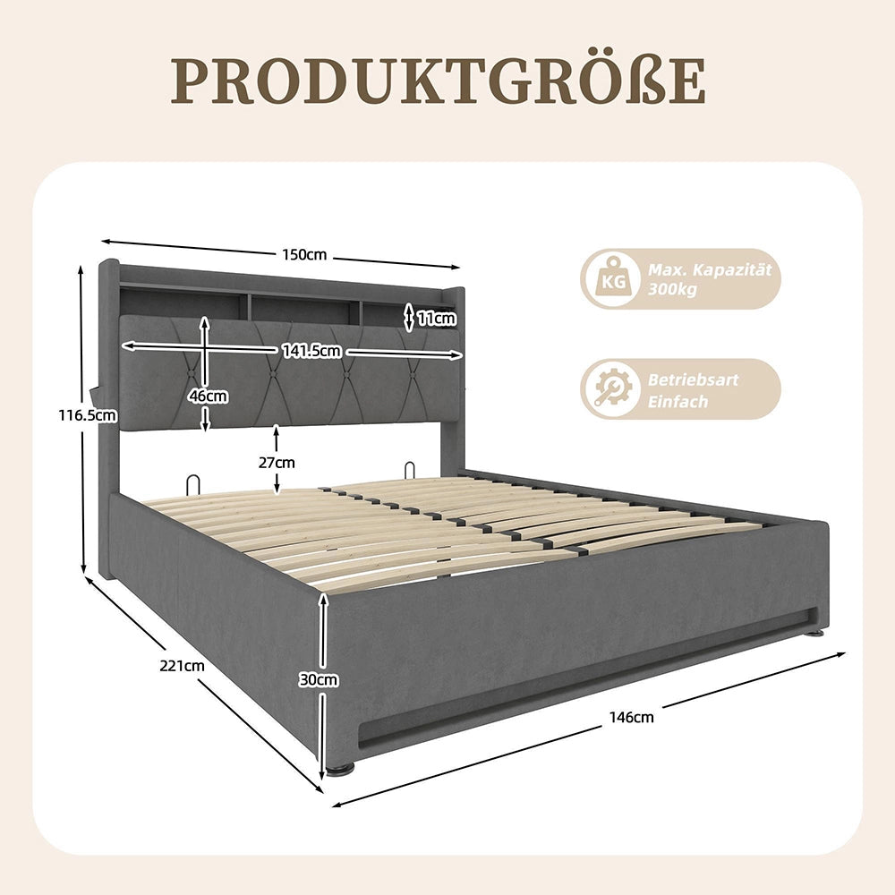 Letto 140x200cm imbottito - Xylo - grigio USB-C idraulico LED