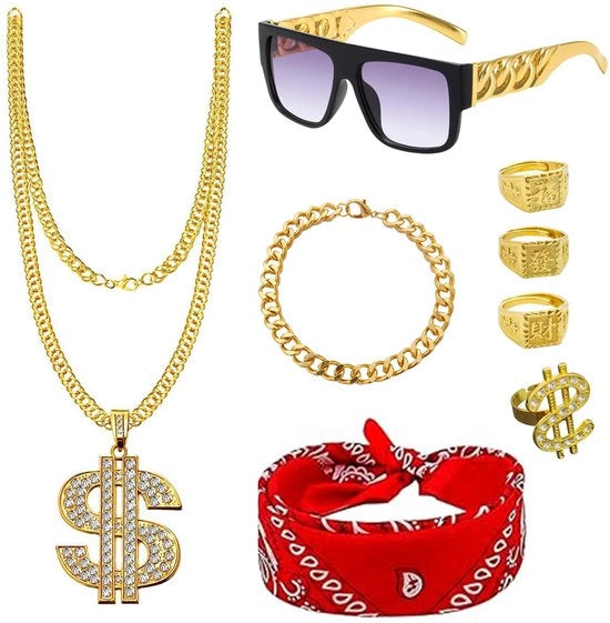 Accessori per costume hiphop 8 pezzi - Anni 80/90 - Costume rapper - Simbolo del dollaro/occhiali - Foulard hiphop - Costume per feste/cosplay - Accessori per feste