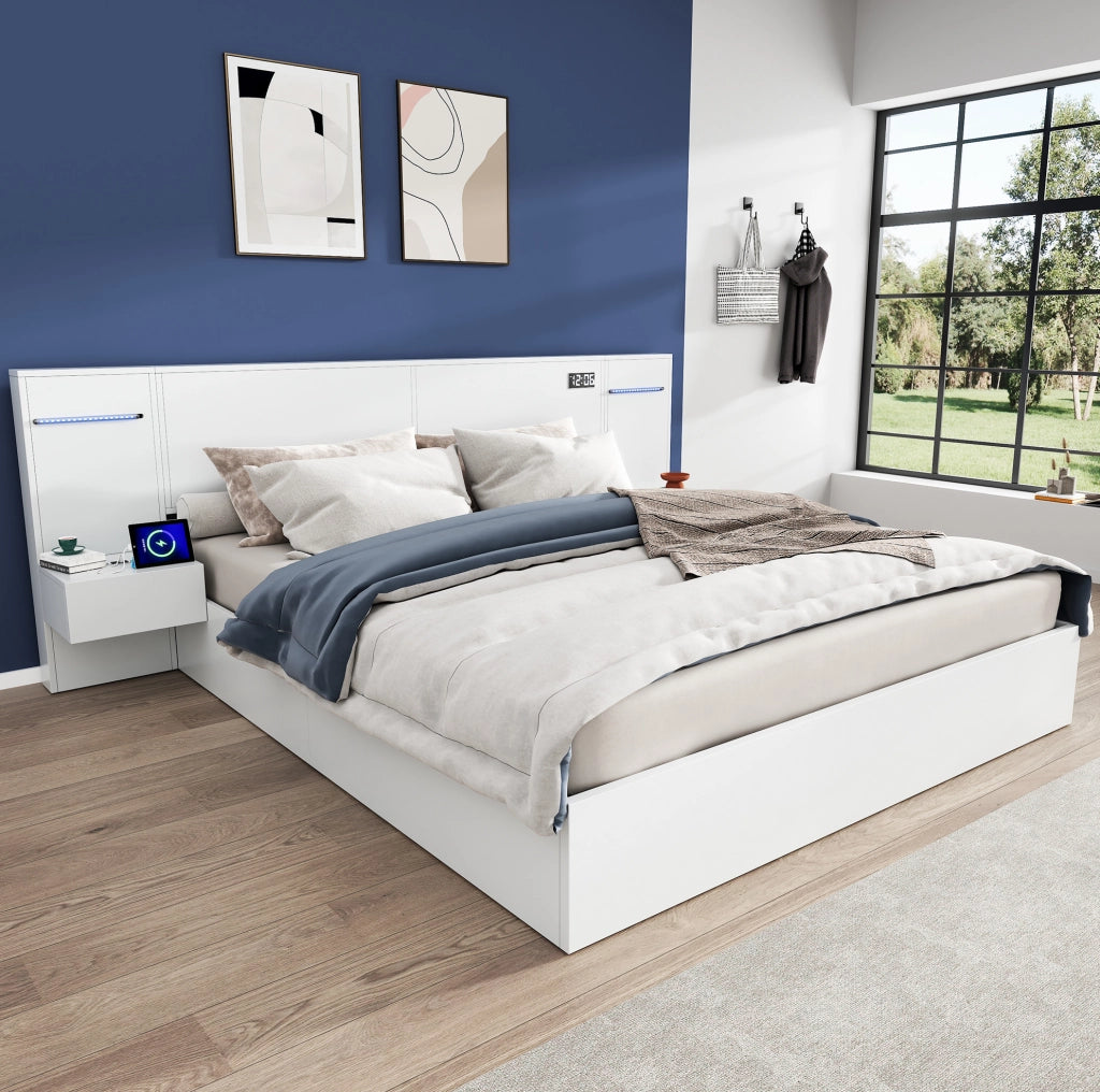 Letto matrimoniale 160x200 cm in MDF con USB-A/USB-C; Bluetooth; orologio e luci; bianco