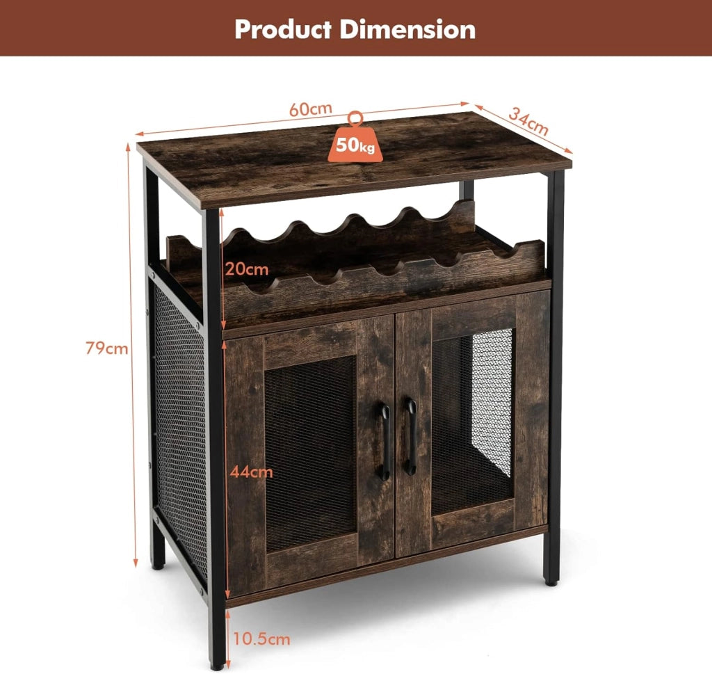 Cantinetta Porta Bottiglie da Vino, Credenza Industriale con 5 Portabottiglie Rimovibili, con Porta in Metallo a Rete Metallica, 60x34x79cm (Marrone)
