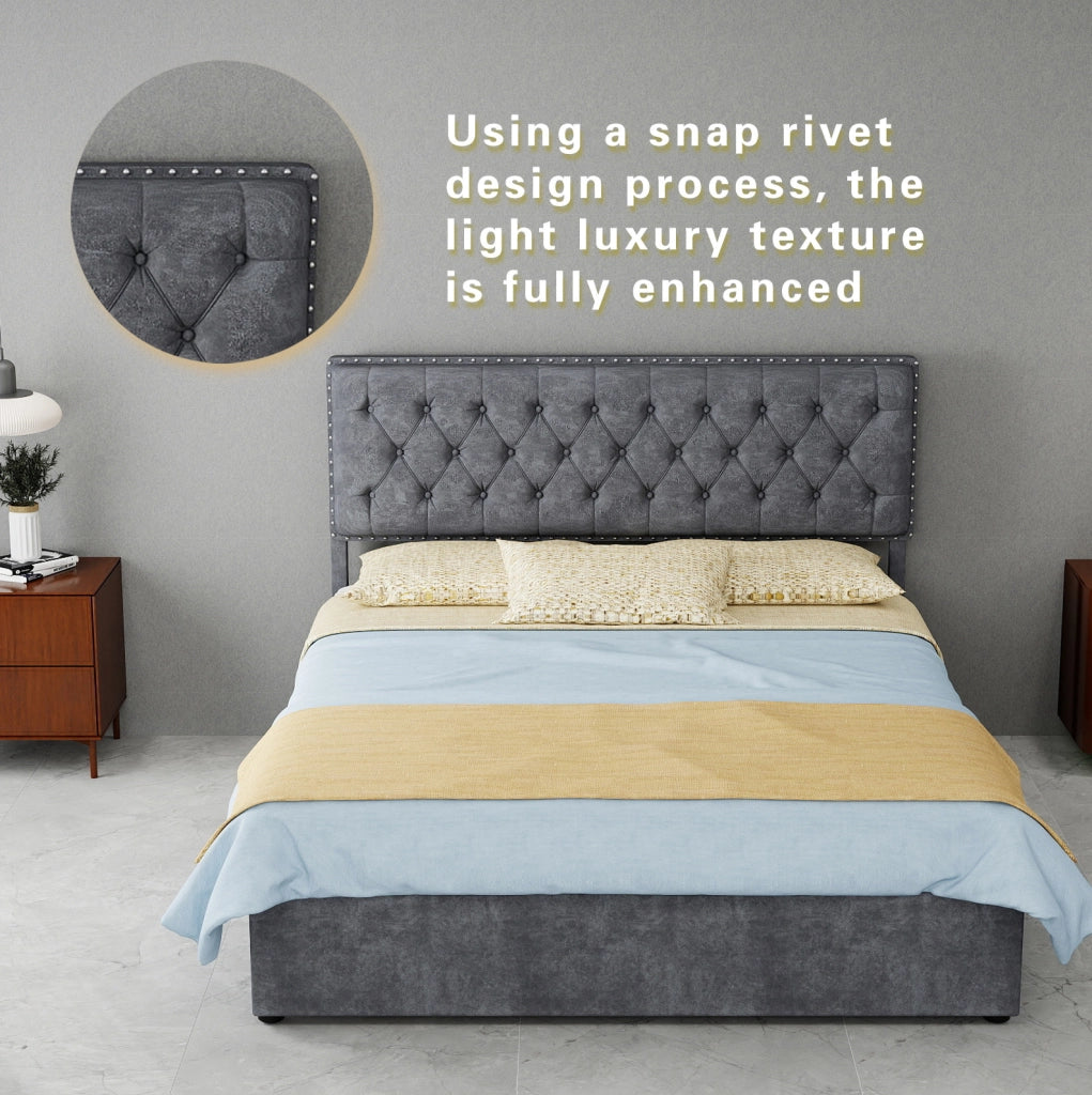 Letto 140x200 cm in velluto olandese grigio con testiera alta e doghe in legno