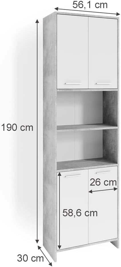 Mobile bagno alto Maris, Calcestruzzo, 56.1 x 190 cm, per la conservazione di accessori da bagno e ripiani regolabili in altezza