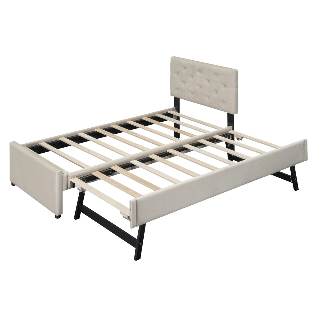 OKWISH Letto Bambino 90×200 cm, Letto Singolo con Letto Estraibile, Testiera Imbottita con Bottoni e Rivestimento Morbido, senza Materasso, Beige