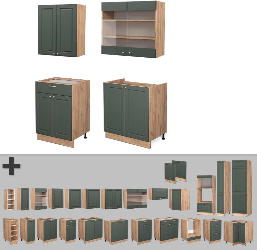 Cucina completa Fame-Line, Quercia verde-oro Country/oro Power, 140 cm senza piano di lavoro, per la libera combinazione con moduli cucina aggiuntivi