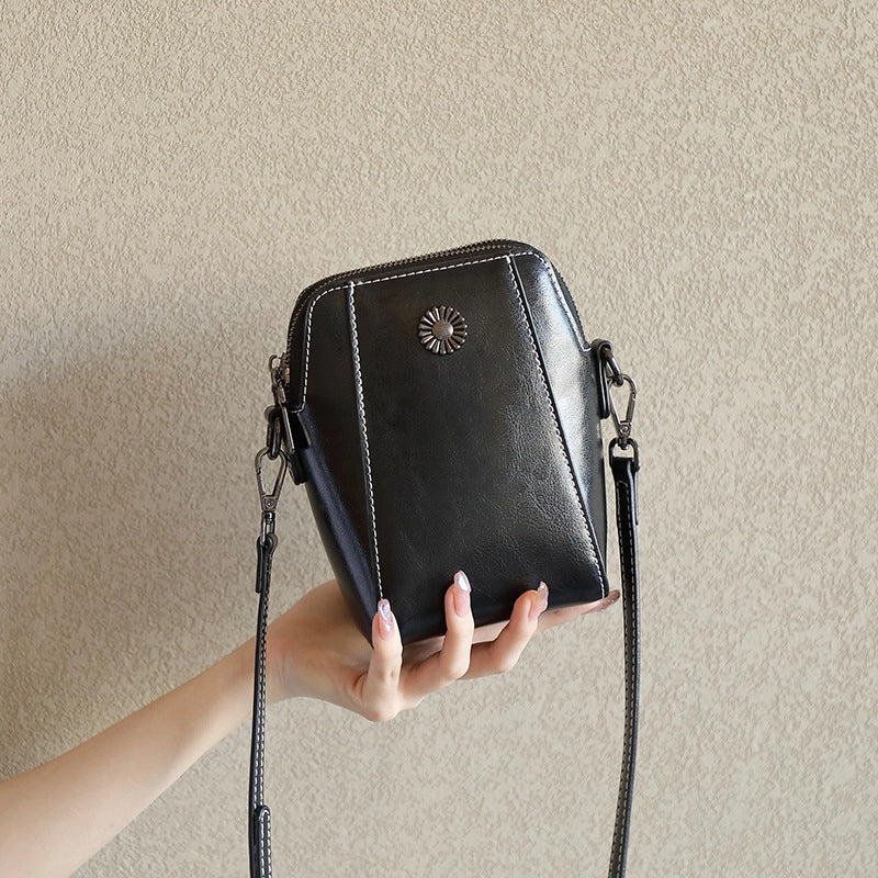Borsa a tracolla da donna in vera pelle, mini borsa nera