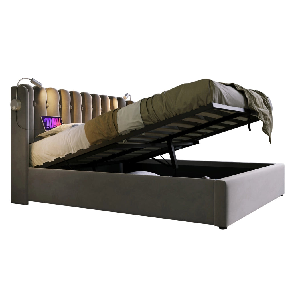 Letto matrimoniale imbottito 140x200 cm in velluto grigio con luce da lettura e USB