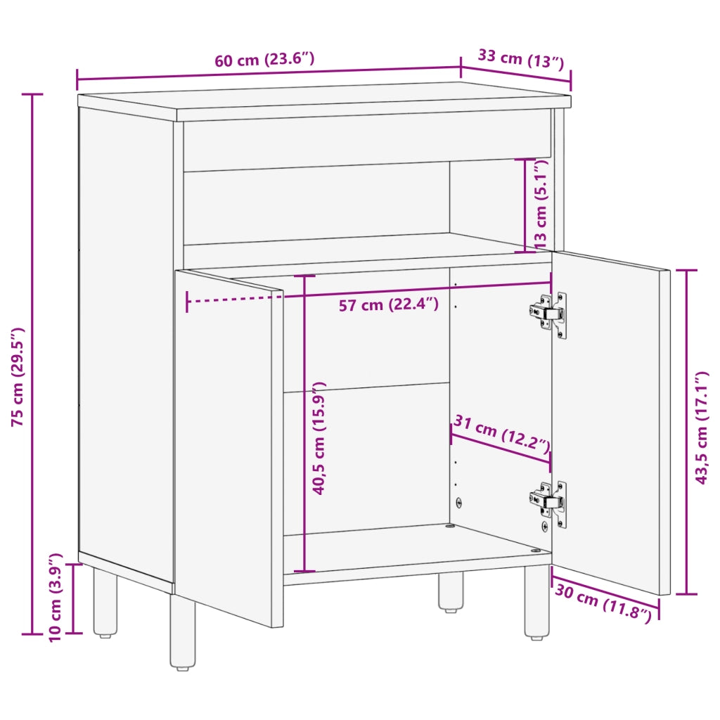 Sideboard  60x33x75 cm in legno massello di acacia