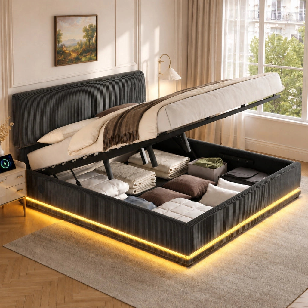 Letto imbottito 180x200 cm in velluto a coste grigio scuro con LED; USB-C e testiera regolabile