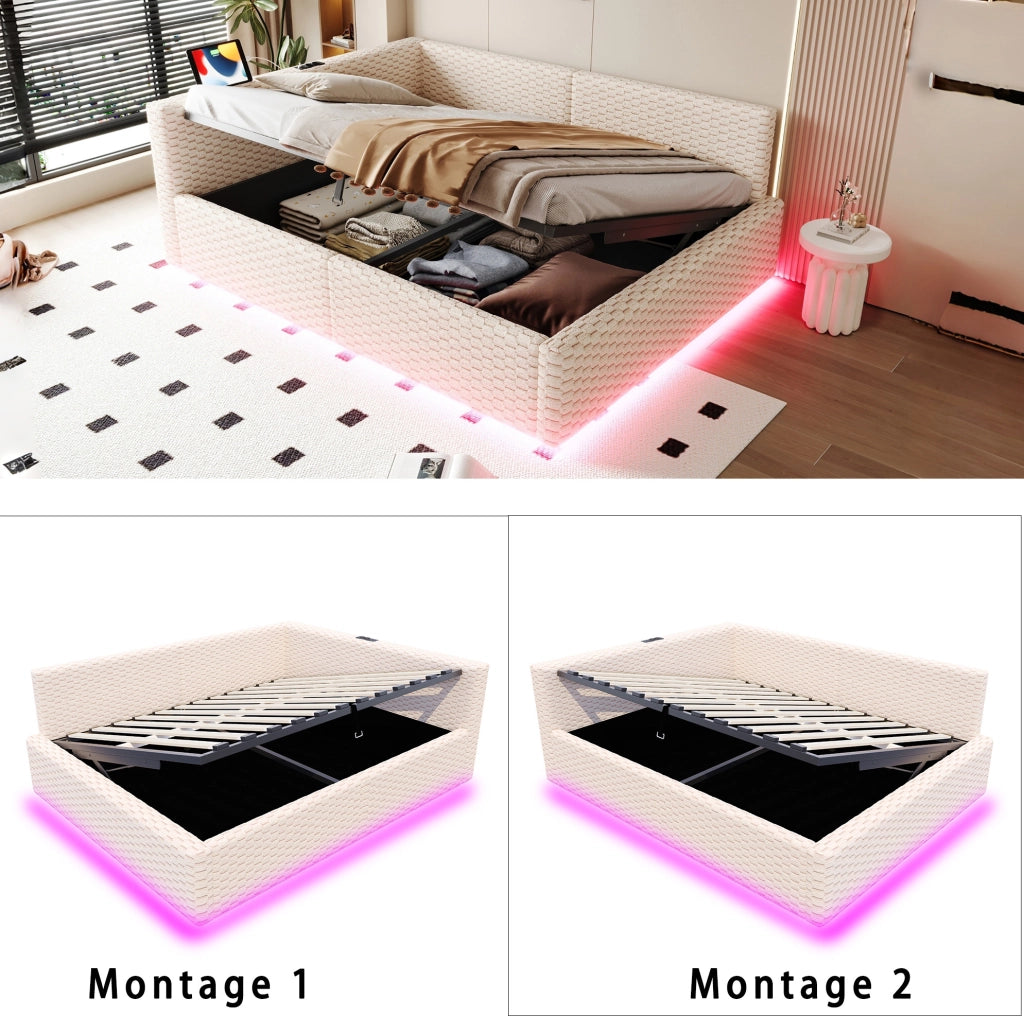 Letto imbottito 140x200 cm in velluto beige con contenitore; LED e porte USB Type-C