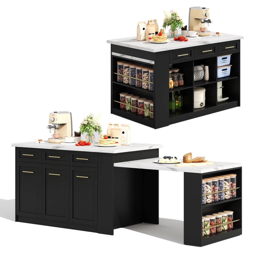 Isola da Cucina Nera 150/246x90x90 cm con Tavolo Estraibile 96 cm; Piano Effetto Marmo; 6 Cassetti e Ripiani