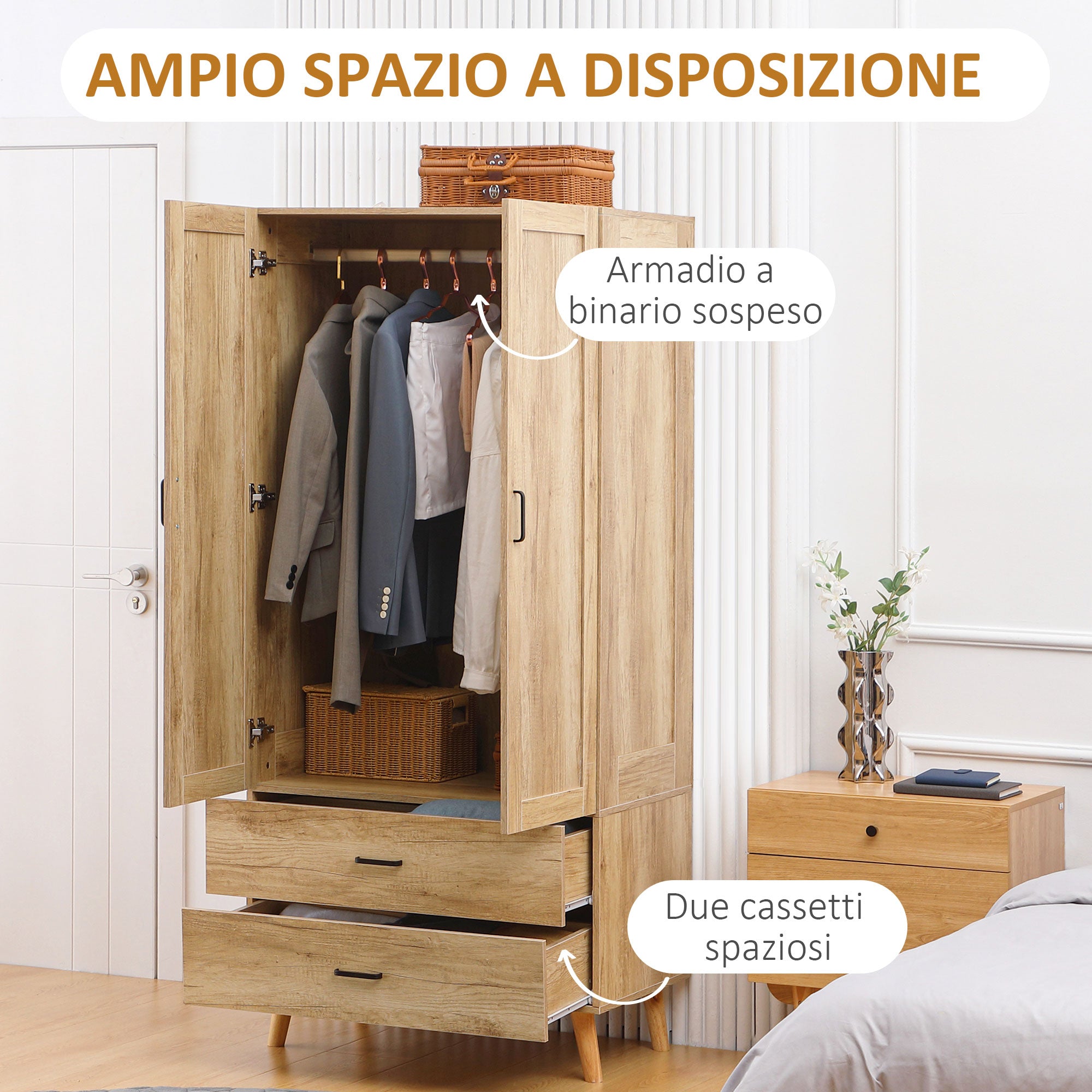 Armadio 2 Ante a Battente con 2 Cassetti 80x54x180 cm  con Asta Appendiabiti in Truciolato Color Legno