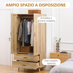 Armadio 2 Ante a Battente con 2 Cassetti 80x54x180 cm  con Asta Appendiabiti in Truciolato Color Legno