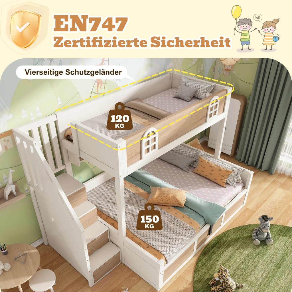 DESMIU Letto a castello bambino 90 × 200 cm e 140 × 200 cm con contenitore, senza materasso, bianco e naturale