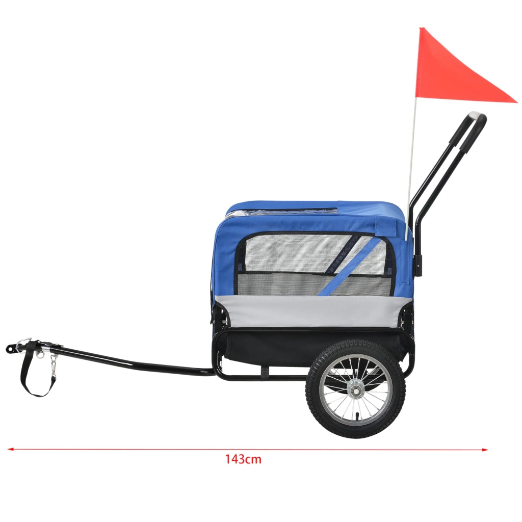 Rimorchio per bicicletta per cani e altri animali con ruota anteriore catarifrangenti e bandiera rossa gancio di traino capacità di carico 20 kg 143 x 67 x 96 cm acciaio PVC e poliestere blu grigio nero 03_0005987