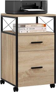 Cassettiera da Ufficio, Schedario da Ufficio con 1 Scomparto Aperto e 2 Cassetti, Armadietto con Ruote, per Stampante, Documenti Letter/A4, in Legno, Effetto Legno Chiaro, 40x40x69cm, ASK09hei