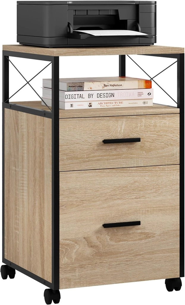Cassettiera da Ufficio, Schedario da Ufficio con 1 Scomparto Aperto e 2 Cassetti, Armadietto con Ruote, per Stampante, Documenti Letter/A4, in Legno, Effetto Legno Chiaro, 40x40x69cm, ASK09hei