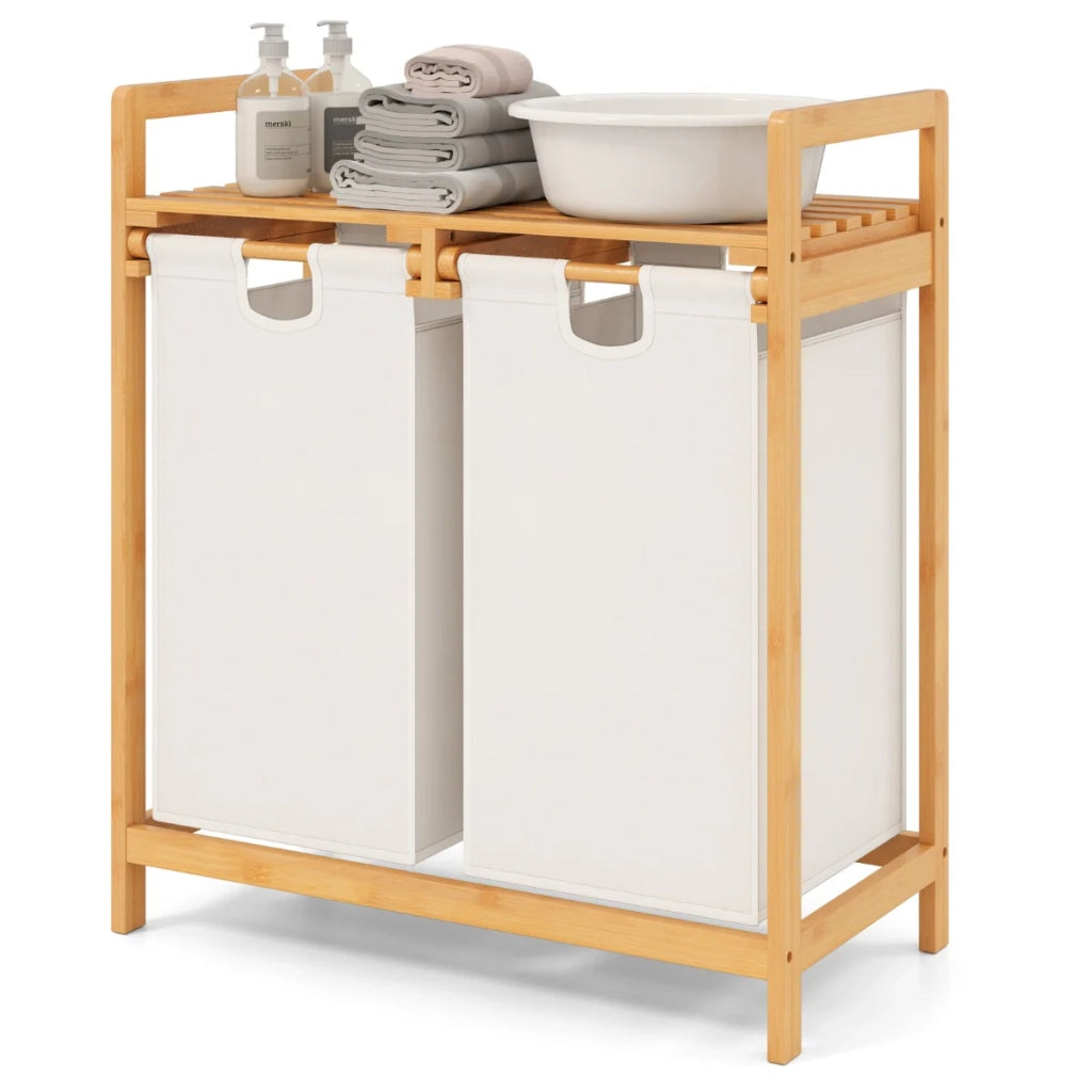 Cesto portabiancheria indipendente 64 x 33 x 73 cm con 2 sacchi estraibili moderno ripiano portaoggetti in bambù bianco 20_0012974