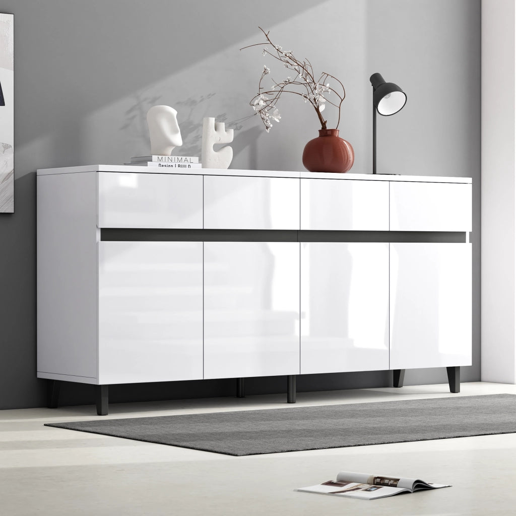 Credenza moderna lucida con 4 cassetti, 2 ante e ripiani regolabili per soggiorno e sala da pranzo in truciolato bianco 160 × 40 × 68 cm