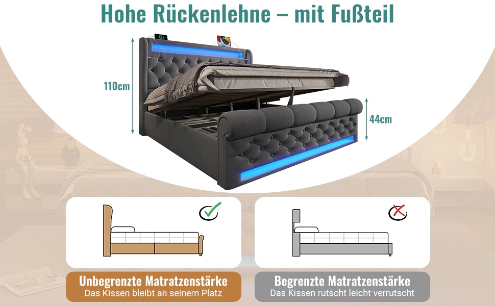 Letto Contenitore Matrimoniale con LED e Testiera ¨C Xylo ¨C Grigio, Velluto, 140x190
