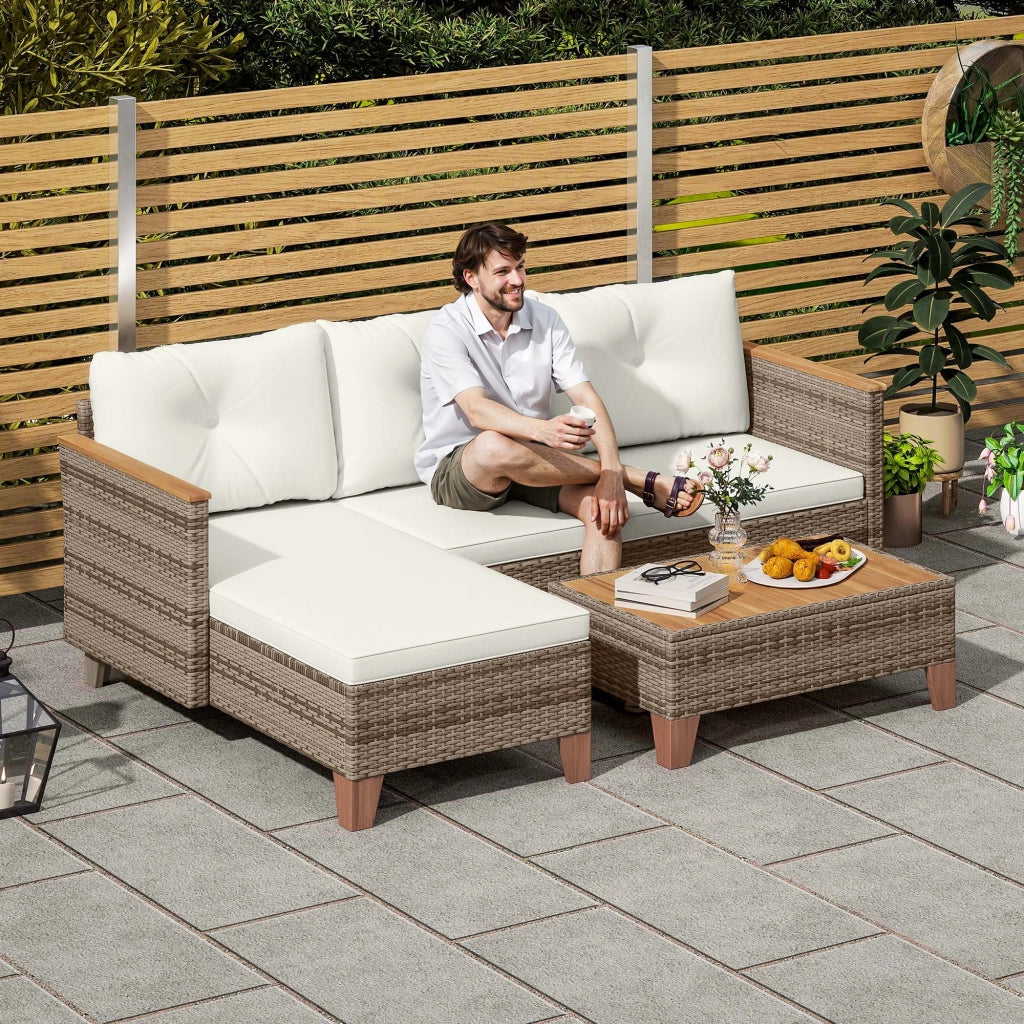 Set Salotto da Giardino Divano 2 Posti con Chaise Longue e Tavolino  in Rattan PE Crema