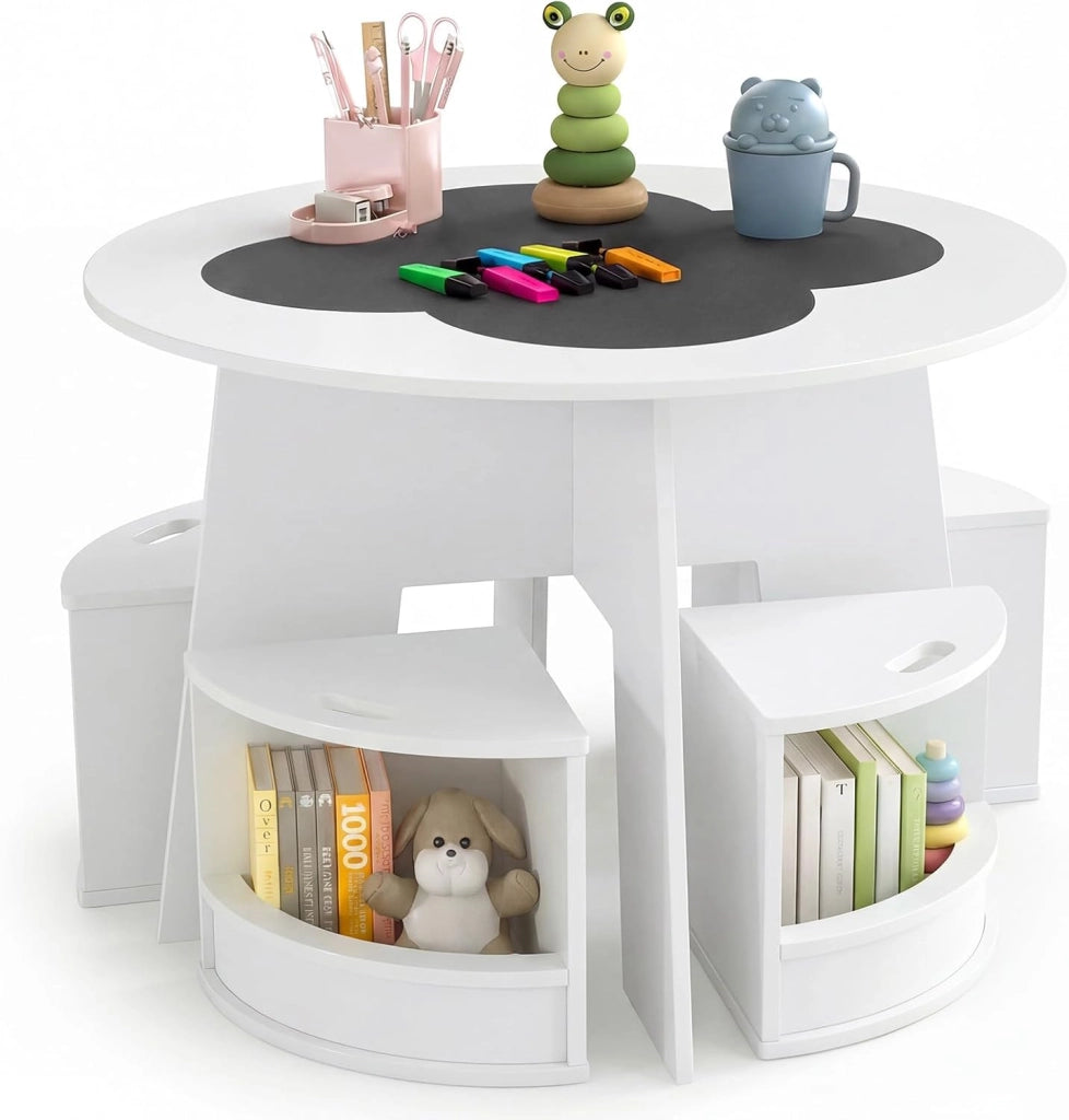 2 in 1 Set Tavolo Rotondo e 4 Sedie per Bambini 3+ Anni (Bianco) | Set Tavolo in Legno Salvaspazio e Sedie con Portaoggetti per Cameretta Ragazzi e Scuola