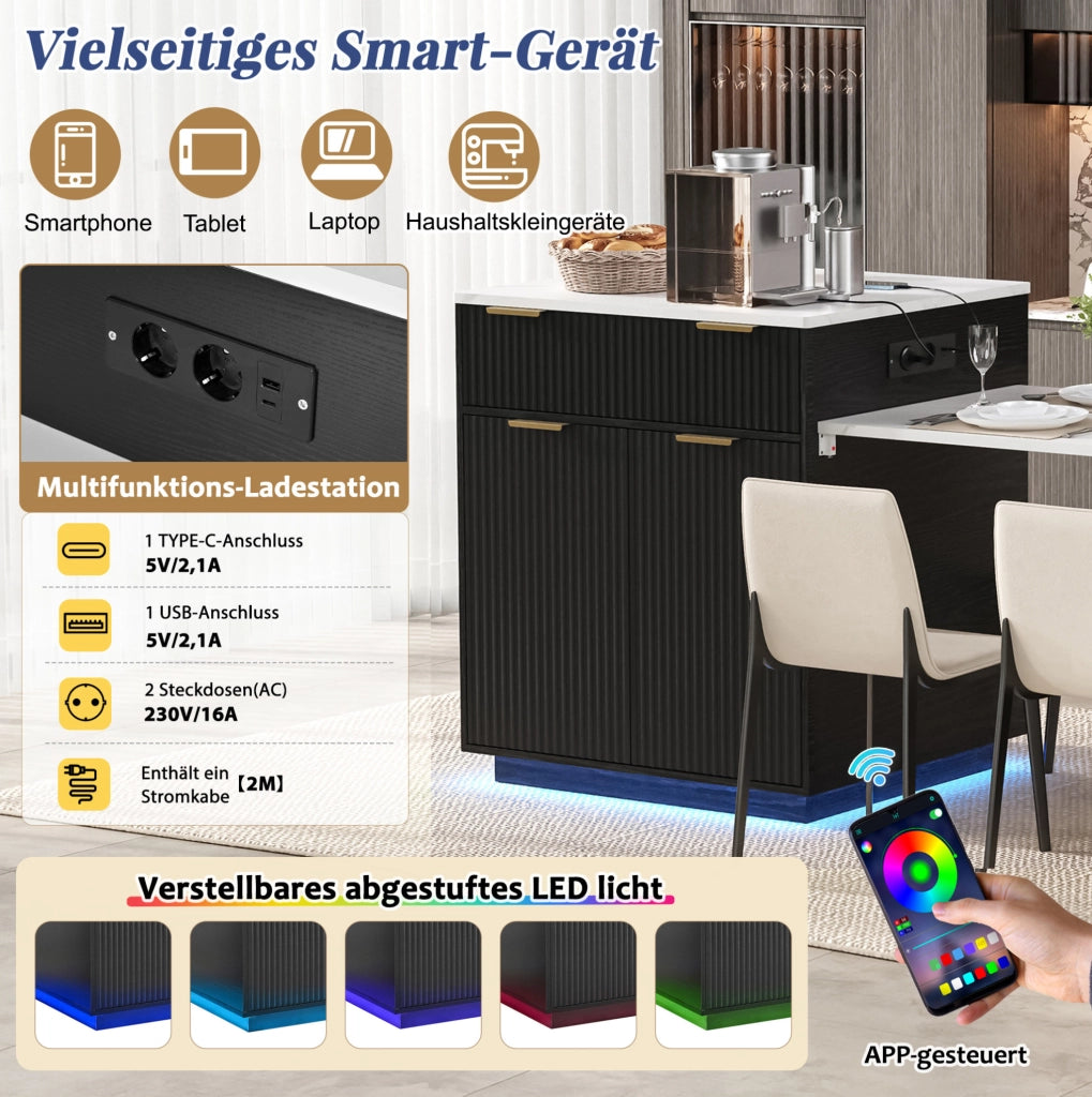 Isola cucina con tavolo estraibile LED e ricarica USB/Type-C
