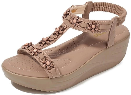 Sandali da donna con tacco alto - T-bar - Tacco elastico - Fiorellini - Comfortevole cintura - Sandali estivi - Sandali con tacco alto