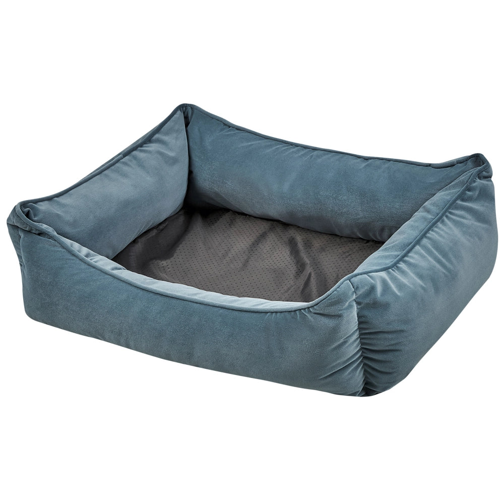 Cuccia lettino in velluto blu per animali domestici di forma rettangolare con lati rialzati per interni