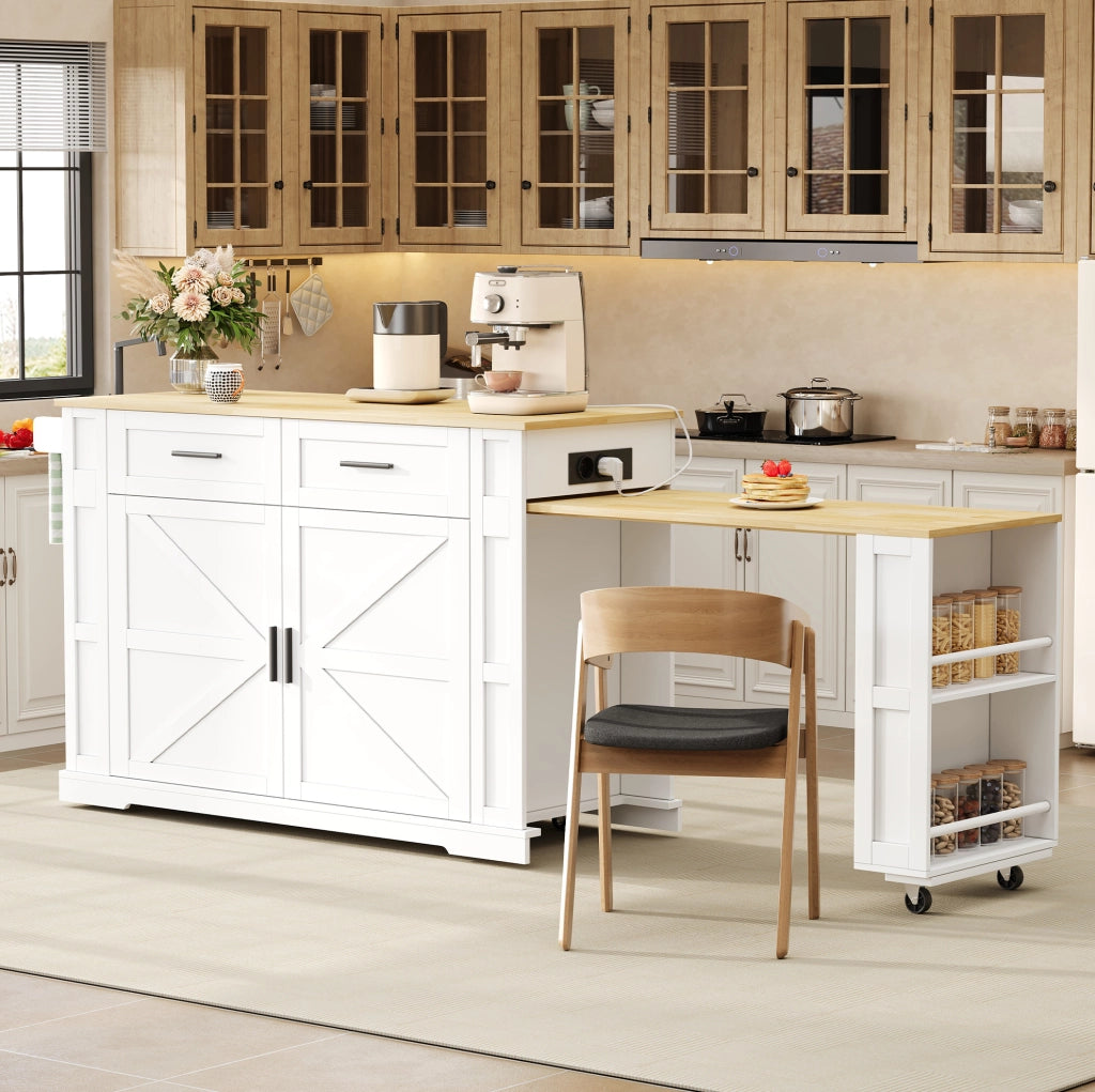 Isola cucina mobile con piano estraibile e prese, bianco rovere