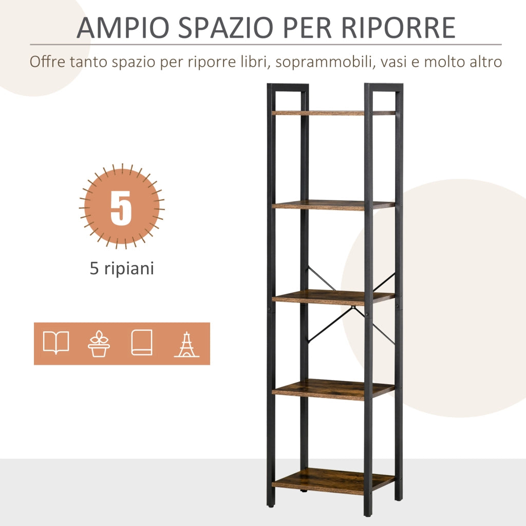 Libreria Stile Industriale a 5 Scaffali in Legno e Acciaio, 40x30x154cm, Marrone Rustico