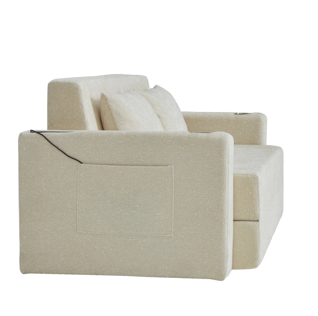 Divano letto 2 posti 153x77x65 cm beige in ciniglia con USB e 2 cuscini