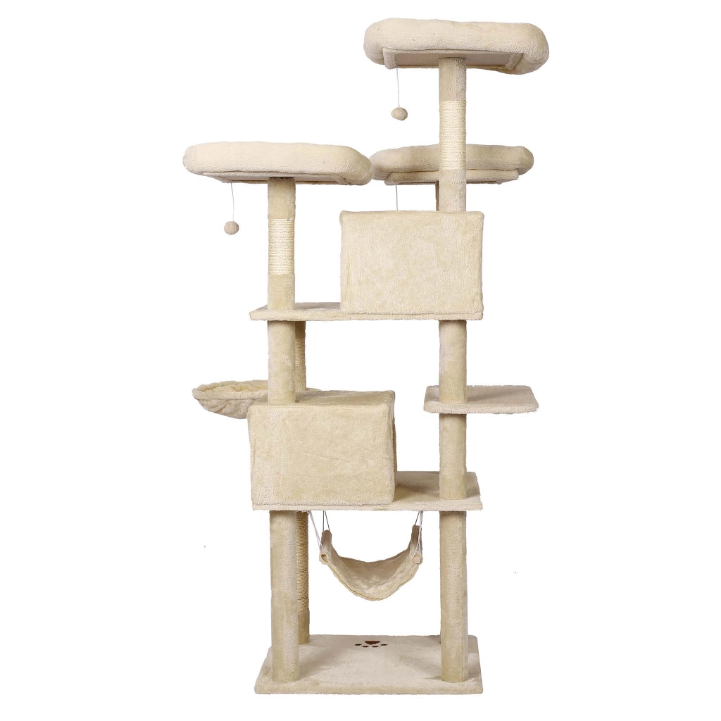 Albero tiragraffi beige con motivo a zampe 172cm Con amache, cucce per gatti e palline