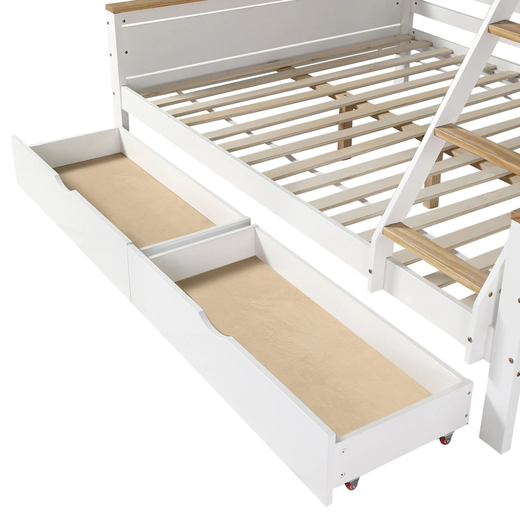 Letto a castello con mulino, cassetti e scaffali, bianco naturale, 90x200/140x200 cm