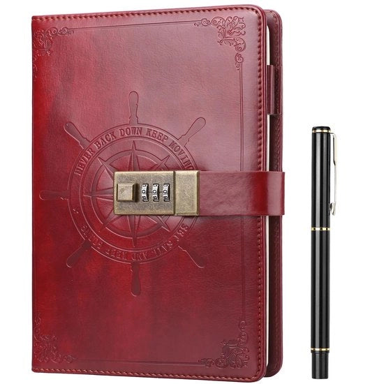Dagboek A5 con chiusura, rigido, per ragazze e adulti, con penna, password, libro, marrone chiaro, 210 pagine