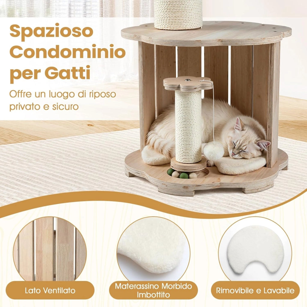 Albero per Gatti Alto 74 cm, Tiragraffi per Gatti in Legno con Condo, Capsula Spaziale, Tiragraffi, Gioco Interattivo con Pista per Palline in Legno, Pallina Appesa e Tappetino Lavabile