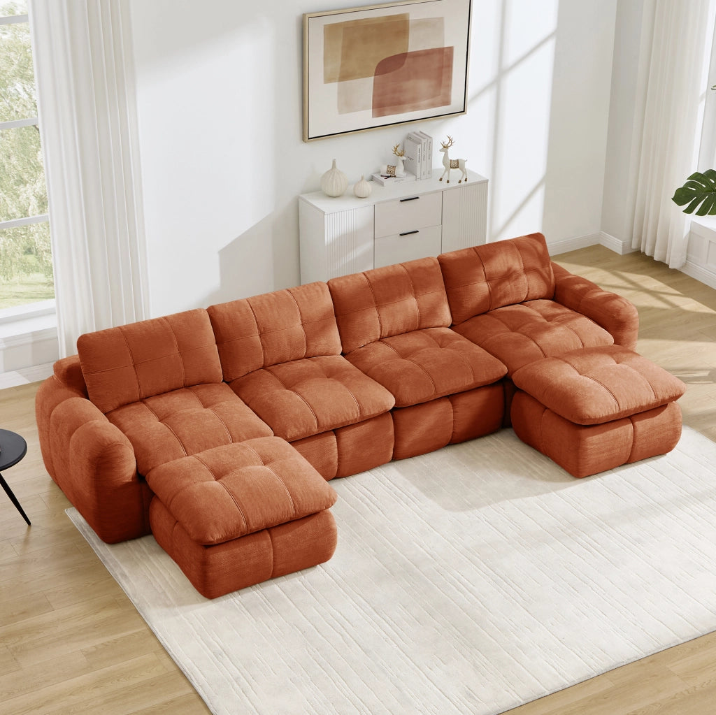 Divano modulare in ciniglia arancione; 334x160x68 cm