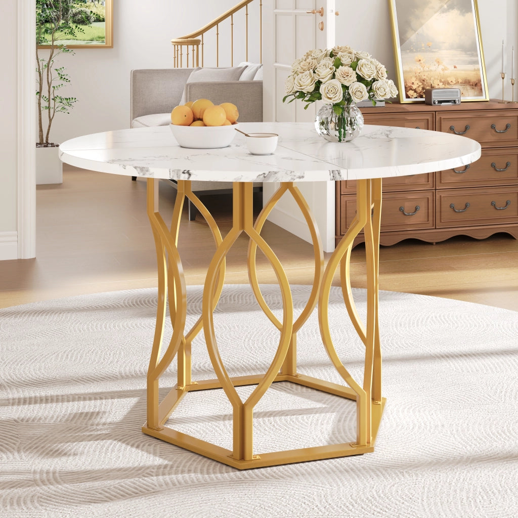 Tavolo da pranzo rotondo per 4 persone con piedini regolabili; piano effetto marmo in MDF; metallo dorato; 100×100×76 cm