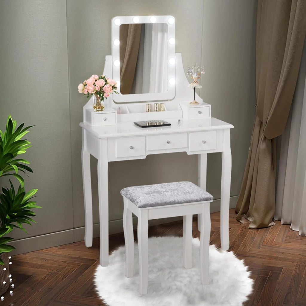 Toeletta Trucco con Specchio Girevole a 360° e 10 Luci LED, Postazione Trucco con Sgabello Imbottito, 5 Cassetti e Organizzatori, Tavolo da Trucco Moderno, 136x80x40cm (Bianco)