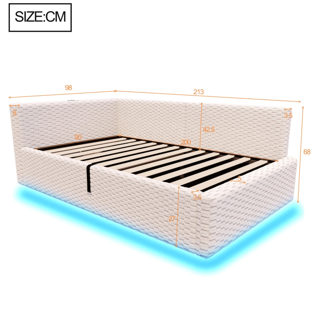 Letto imbottito 90x200 cm con LED; porte USB e contenitore idraulico; in velluto beige