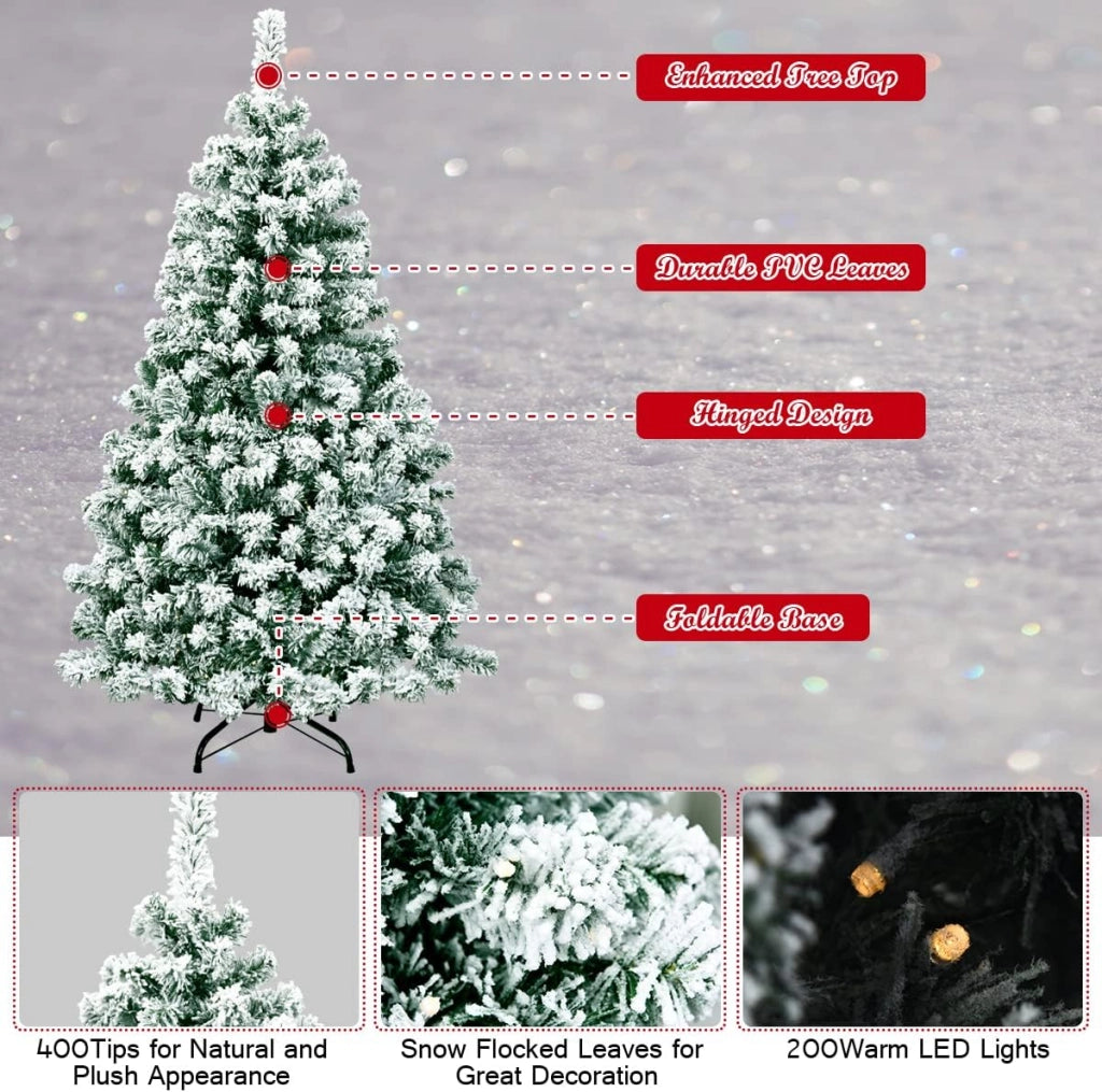 Albero di Natale Innevato 142/183/230 cm, Albero di Natale Slim, Albero di Natale con Luci Incorporate, Supporto in Ferro, Rami Spessi (142 cm)