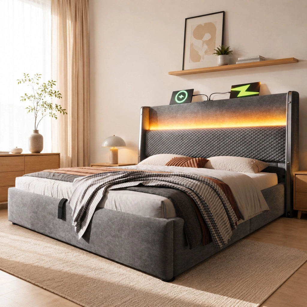 LETTO Contenitore Idraulico 140x200 cm Grigio in lino con LED e porte USB/Type-C