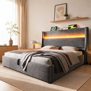 LETTO Contenitore Idraulico 140x200 cm Grigio in lino con LED e porte USB/Type-C