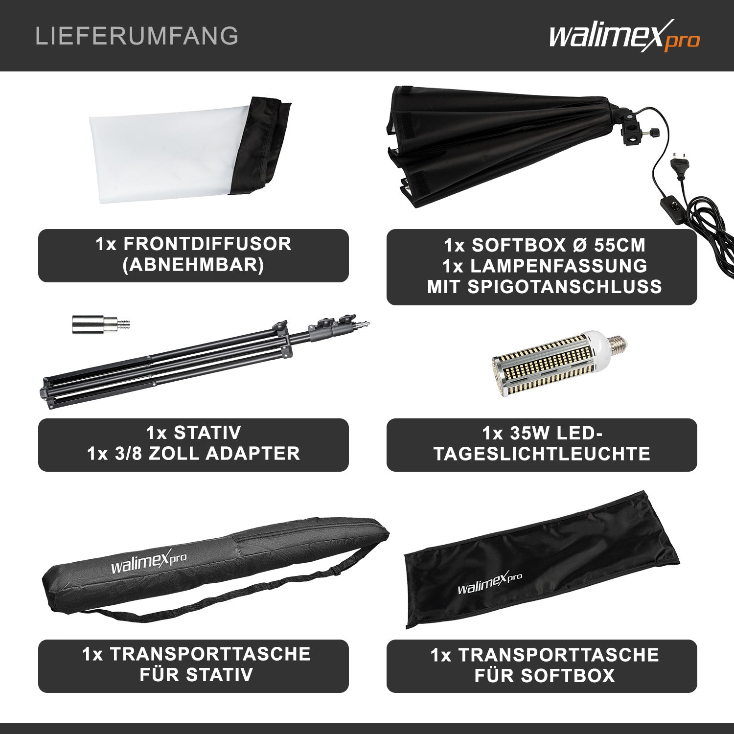 set Softbox ottagonale 55 cm con LED 35 W incl. stativo per luci FT-8051 fino a 260 cm, luce diurna 5000 K, per studio foto set fotografico