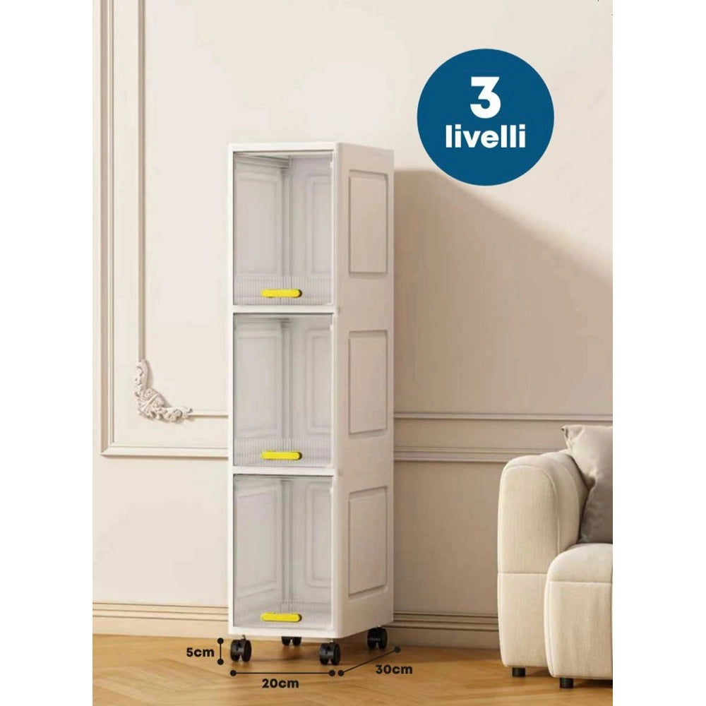 Trade Shop - Mobiletto A 3 Livelli Contenitore Portaoggetti Organizer A Colonna Stretto Con Ruote -