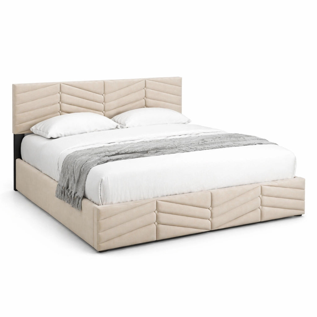 Letto imbottito 140x190 cm in velluto beige con rete a doghe