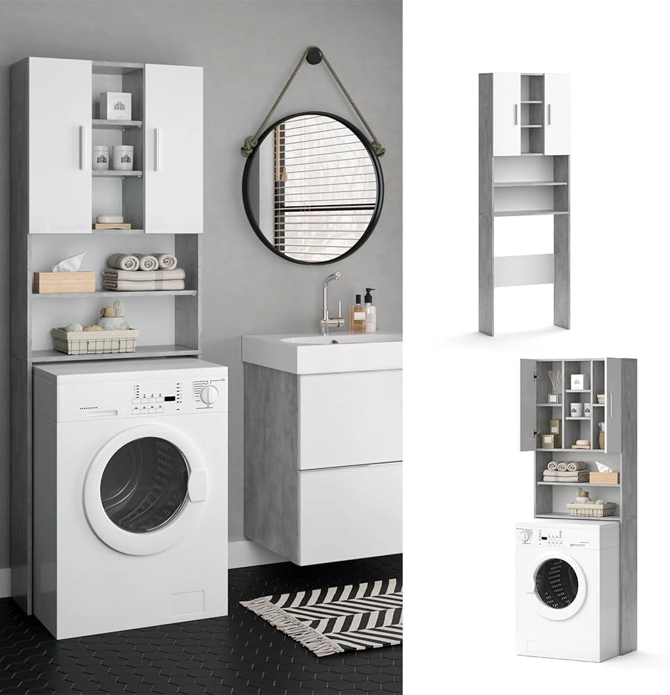 Mobile per lavatrice Luis, Calcestruzzo, 64 x 190 cm, per la conservazione di detersivi e accessori da bagno