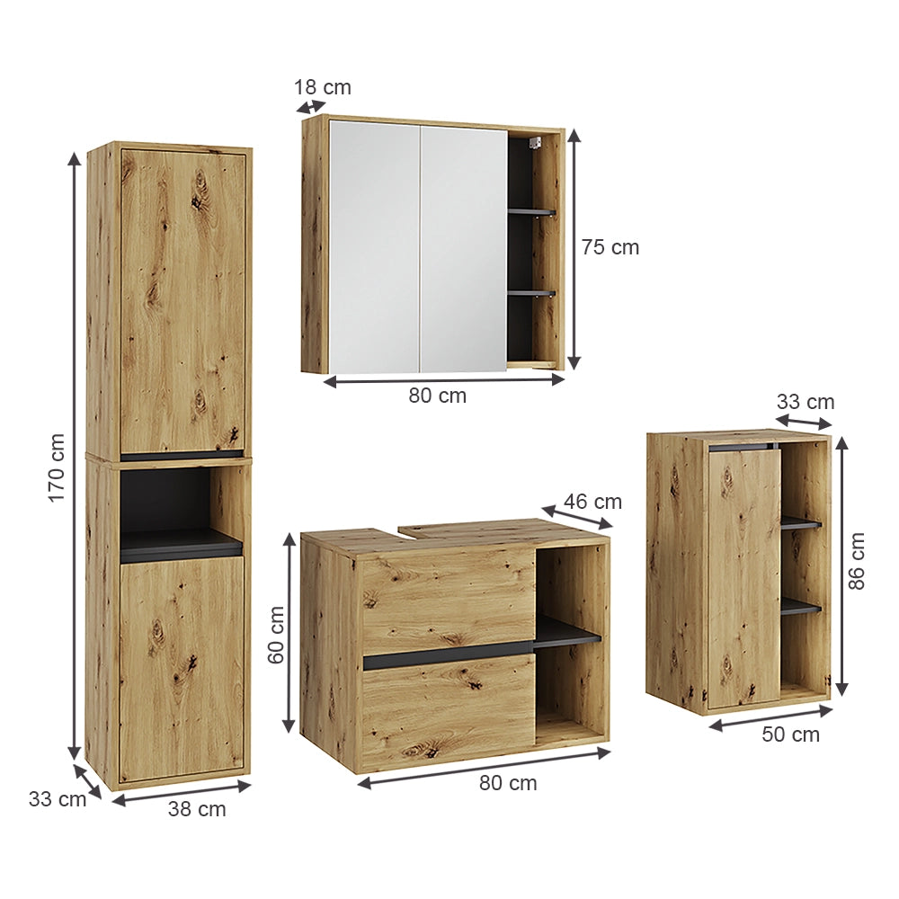 Set di mobili da bagno Viola Rovere artigianale/Grigio 4 parti Vicco