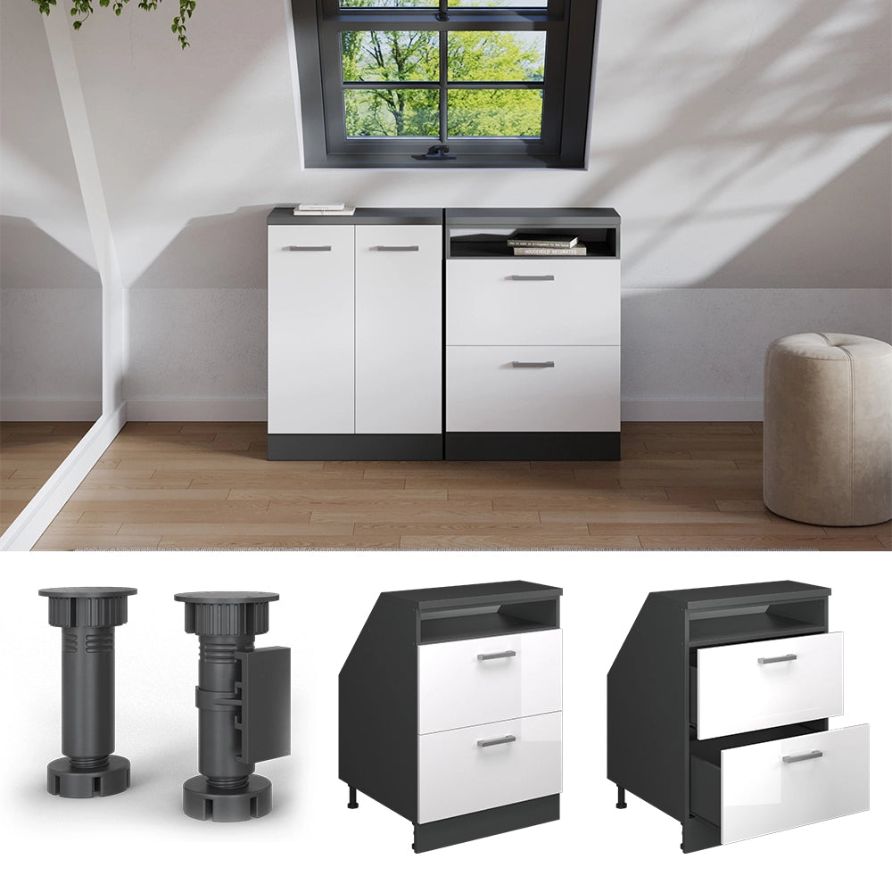 Mobile sottotetto Rion Bianco lucido/Antracite 60 x 83.8 cm con 2 cassetti, carcassa 60 cm profondità Vicco