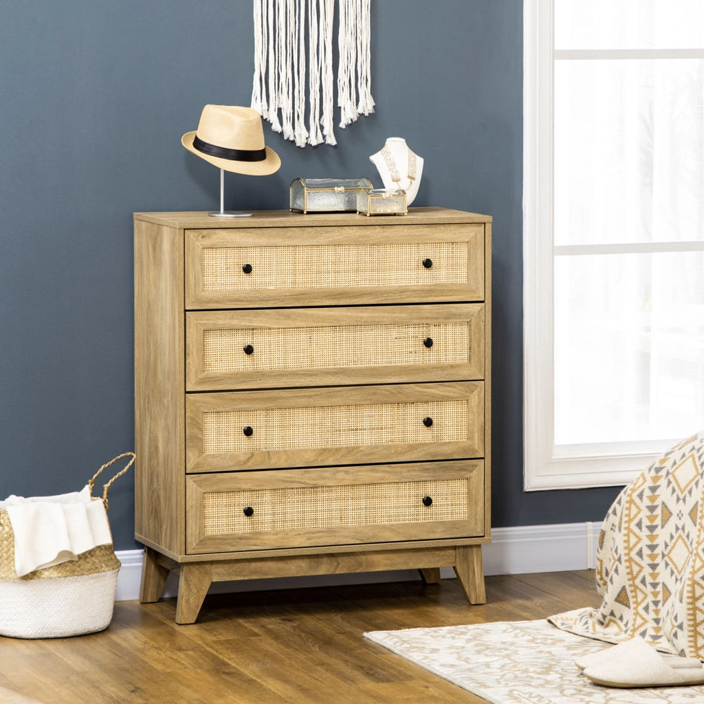 Cassettiera con 4 Cassetti in Legno con Frontale Ratan ¨C zephmum ¨C Naturale 80x35x95