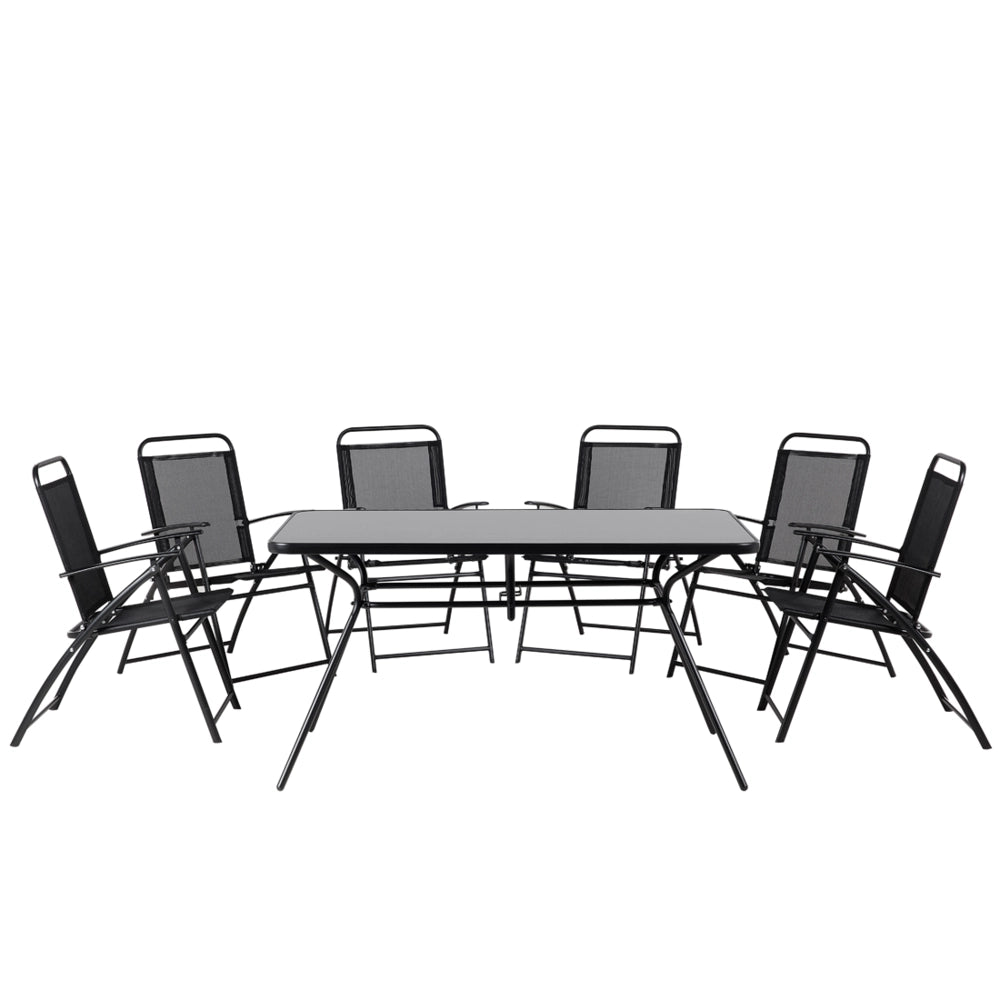 Set da pranzo all'aperto da 7 pezzi Tavolo Nero a 6 posti Sedie pieghevoli Giardino moderno